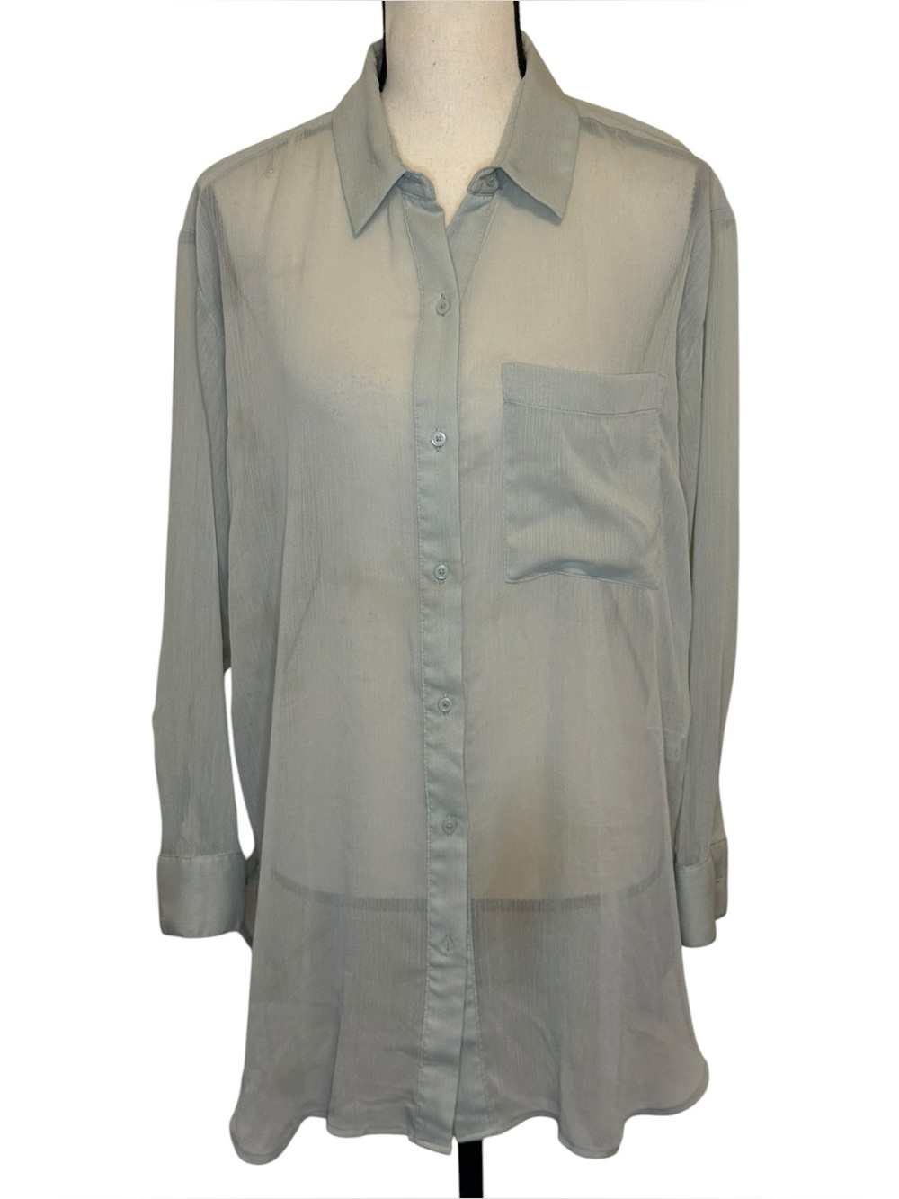 DKNY Light Sage Sheer Button-Up Blouse